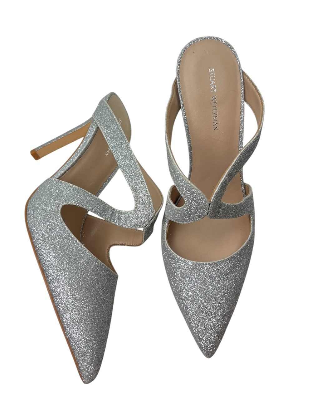Stuart Weitzman Silver Glitter Crossover Pointed Toe Holiday High Heel Mule